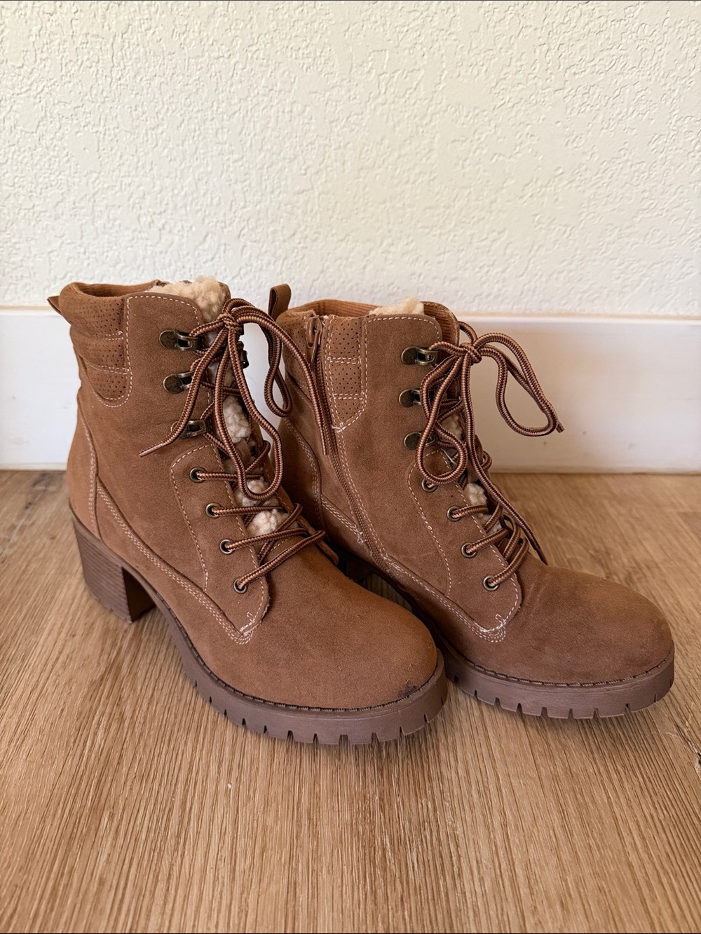 POP Brown Suede Lace-Up Heeled Ankle Boots with Sherpa Tongue